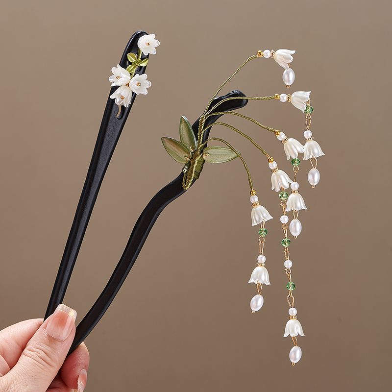 Supply Florist - กิ๊บติดผมอะคริลิคทรงยาวประดับมุกเลียนแบบใบดอกลิลลี่ออฟเดอะแวลลีย์สำหรับผู้หญิง สไตล์วินเทจ