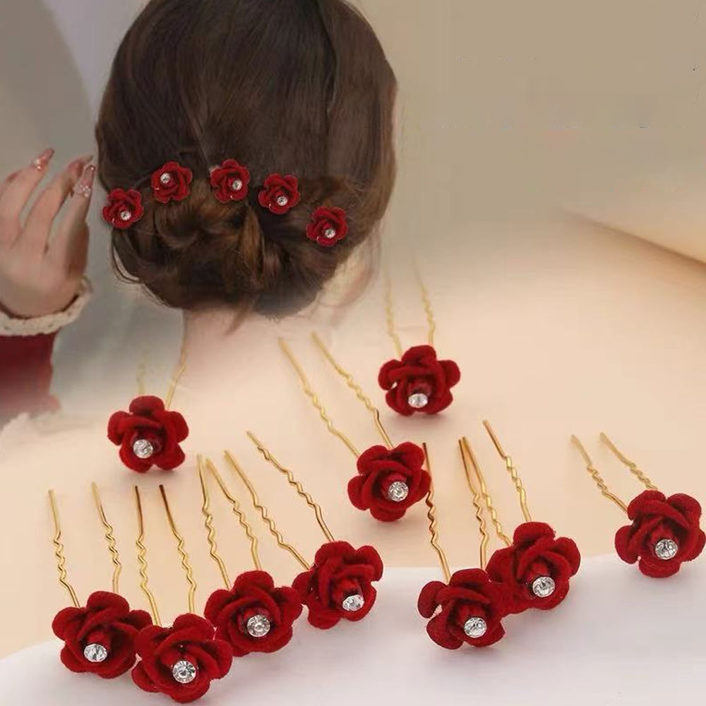 Supply Florist - 10 ชิ้น Rose อุปกรณ์เสริมผมงานแต่งงานเจ้าสาว Hairpins คลิปผมดอกไม้สีแดงกํามะหยี่คลิปสําหรับผู้หญิง